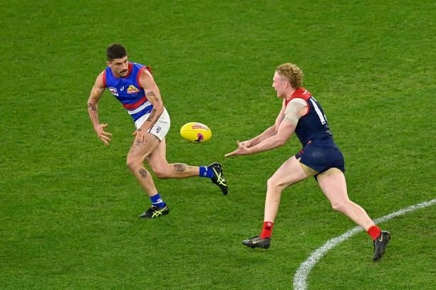 Fraser Rosman of the Demons handballs during the 2021 AFL Grand Final match between the Melbourne Demons and the Western Bulldogs at Optus Stadium on...