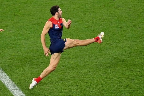 Christian Petracca of the Demons kicks during the 2021 AFL Grand Final match between the Melbourne Demons and the Western Bulldogs at Optus Stadium...