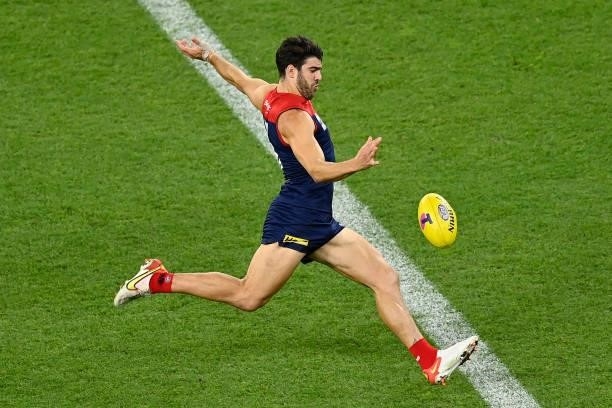 Christian Petracca of the Demons kicks during the 2021 AFL Grand Final match between the Melbourne Demons and the Western Bulldogs at Optus Stadium...