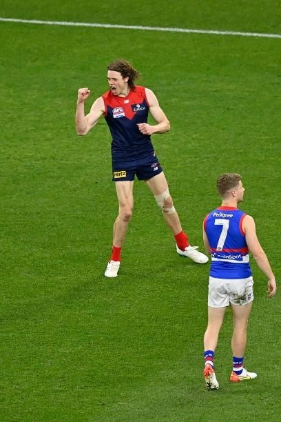Ben Brown of the Demons celebrates after kicking a goal during the 2021 AFL Grand Final match between the Melbourne Demons and the Western Bulldogs...