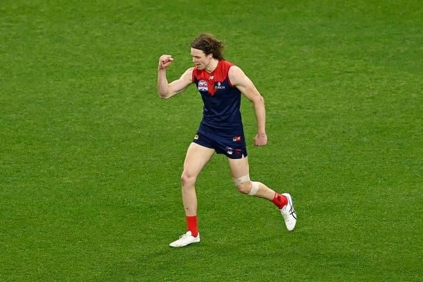 Ben Brown of the Demons celebrates after kicking a goal during the 2021 AFL Grand Final match between the Melbourne Demons and the Western Bulldogs...