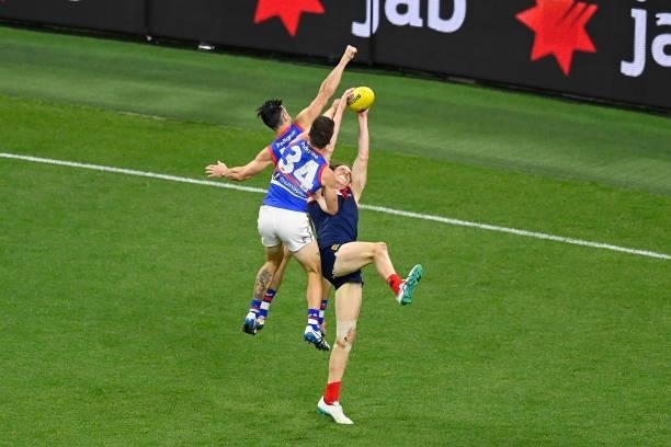Ben Brown of the Demons takes a mark during the 2021 AFL Grand Final match between the Melbourne Demons and the Western Bulldogs at Optus Stadium on...