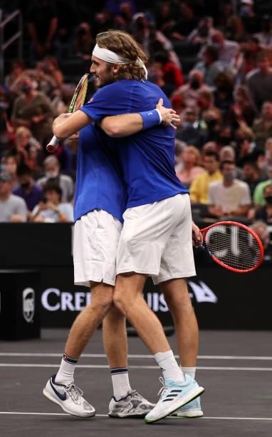 Andrey Rublev and Stefanos Tsitsipas of Team Europe react to their win against John Isner and Nick Kyrgios of Team World during the eighth...