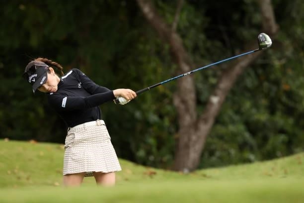 Yuna Nishimura of Japan hits her tee shot during the final round of the Miyagi TV Cup Dunlop Ladies Open at Rifu Golf Club on September 26, 2021 in...