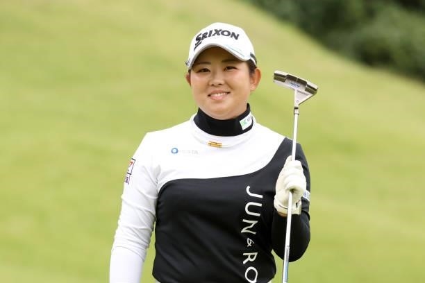 Saki Asai of Japan celebrates the birdie on the 6th green during the final round of the Miyagi TV Cup Dunlop Ladies Open at Rifu Golf Club on...