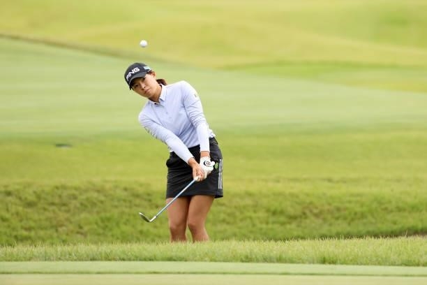 Hinako Shibuno of Japan chips onto the 8th green during the final round of the Miyagi TV Cup Dunlop Ladies Open at Rifu Golf Club on September 26,...