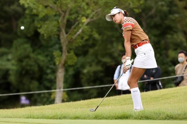 Erika Hara of Japan chips onto the 8th green during the final round of the Miyagi TV Cup Dunlop Ladies Open at Rifu Golf Club on September 26, 2021...