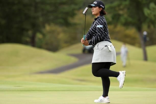 Ai Suzuki of Japan reacts after a putt on the 18th green during the final round of the Miyagi TV Cup Dunlop Ladies Open at Rifu Golf Club on...