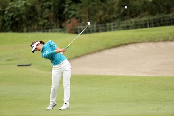 Nozomi Uetake of Japan hits her second shot on the 17th hole during the final round of the Miyagi TV Cup Dunlop Ladies Open at Rifu Golf Club on...