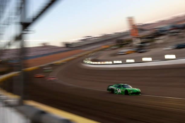 Ty Gibbs, driver of the Interstate Batteries Toyota, drives during the NASCAR Xfinity Series Alsco Uniforms 302 at Las Vegas Motor Speedway on...