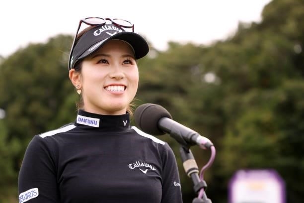 Yuna Nishimura of Japan is interviewed after winning the tournament following the final round of the Miyagi TV Cup Dunlop Ladies Open at Rifu Golf...