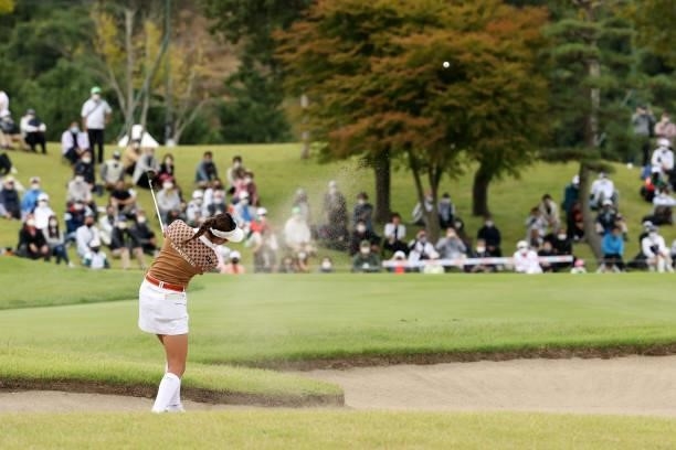 Erika Hara hits her third shot out from a bunker on the 18th hole during the final round of the Miyagi TV Cup Dunlop Ladies Open at Rifu Golf Club on...