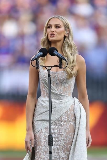 Amy Manford sings the National Anthem during the 2021 AFL Grand Final match between the Melbourne Demons and the Western Bulldogs at Optus Stadium on...