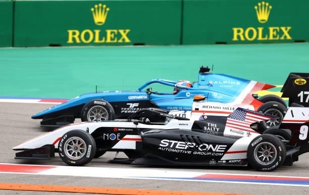 Juan Manuel Correa of United States and ART Grand Prix and Victor Martins of France and MP Motorsport battle for track position during race 3 of...