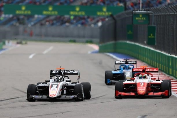 Juan Manuel Correa of United States and ART Grand Prix and Olli Caldwell of Great Britain and Prema Racing battle for track position during race 3 of...