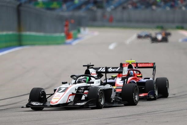 Frederik Vesti of Denmark and ART Grand Prix leads Clement Novalak of France and Trident during race 3 of Round 7:Sochi of the Formula 3 Championship...