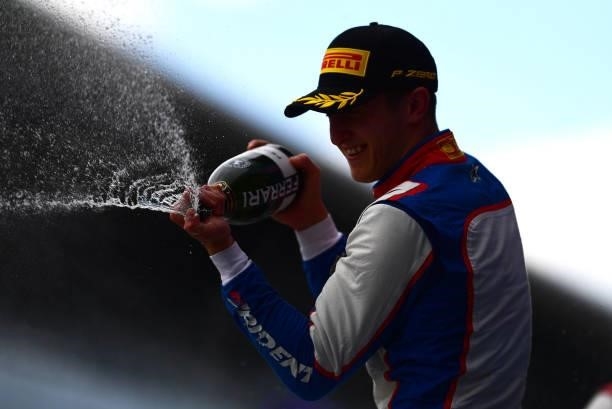 Race winner Jack Doohan of Australia and Trident celebrates on the podium during race 3 of Round 7:Sochi of the Formula 3 Championship at Sochi...