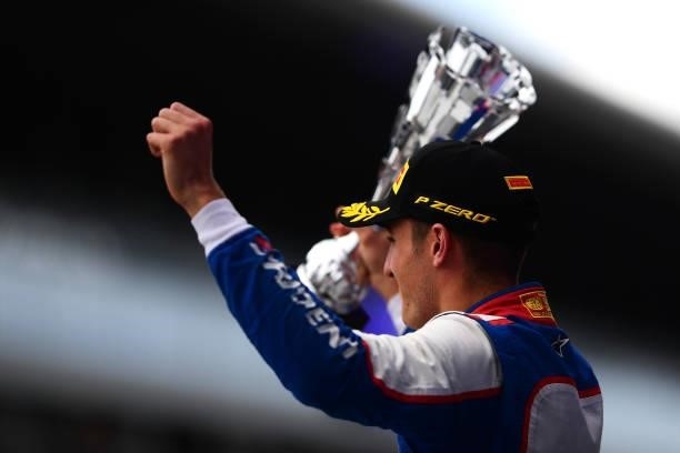 Race winner Jack Doohan of Australia and Trident celebrates on the podium during race 3 of Round 7:Sochi of the Formula 3 Championship at Sochi...