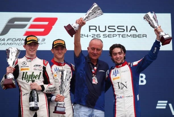 Race winner Jack Doohan of Australia and Trident, second placed Frederik Vesti of Denmark and ART Grand Prix, third placed Clement Novalak of France...