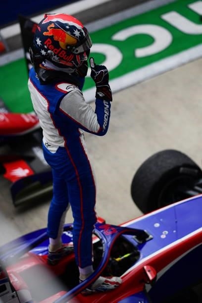 Race winner Jack Doohan of Australia and Trident celebrates in parc ferme during race 3 of Round 7:Sochi of the Formula 3 Championship at Sochi...