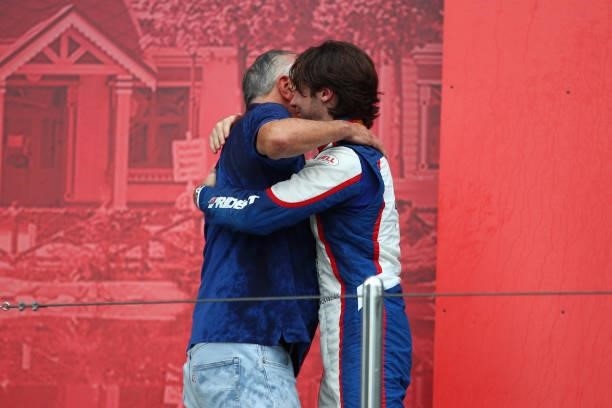 Third placed Clement Novalak of France and Trident and Maurizio Salvadori, Team Principal of Trident, celebrate on the podium during race 3 of Round...