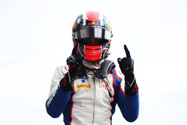 Race winner Jack Doohan of Australia and Trident celebrates in parc ferme during race 3 of Round 7:Sochi of the Formula 3 Championship at Sochi...