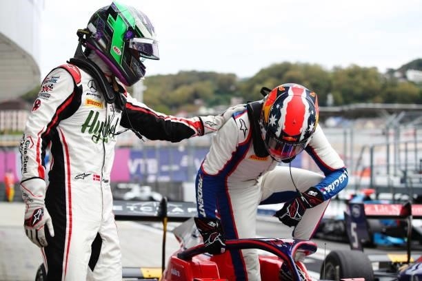 Race winner Jack Doohan of Australia and Trident and second placed Frederik Vesti of Denmark and ART Grand Prix celebrate in parc ferme during race 3...