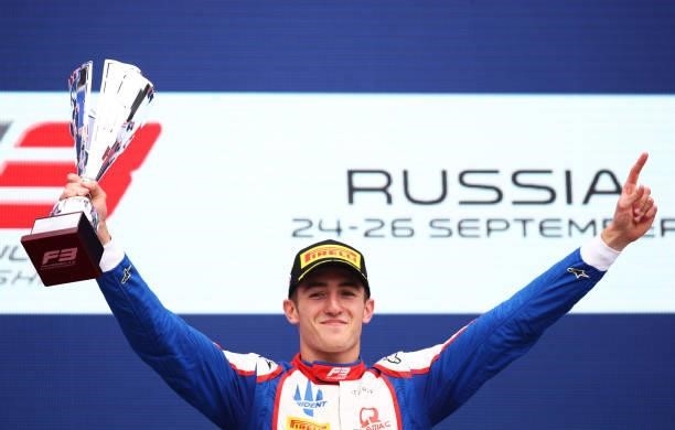 Race winner Jack Doohan of Australia and Trident celebrates on the podium during race 2 of Round 7:Sochi of the Formula 3 Championship at Sochi...