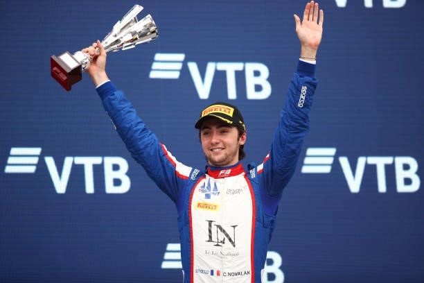 Third placed Clement Novalak of France and Trident celebrates on the podium during race 3 of Round 7:Sochi of the Formula 3 Championship at Sochi...
