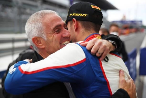 Race winner Jack Doohan of Australia and Trident celebrates with his father Mick Doohan during race 3 of Round 7:Sochi of the Formula 3 Championship...