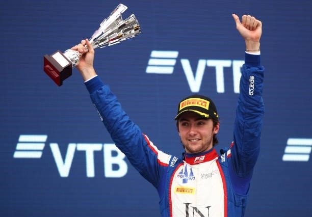 Third placed Clement Novalak of France and Trident celebrates on the podium during race 3 of Round 7:Sochi of the Formula 3 Championship at Sochi...