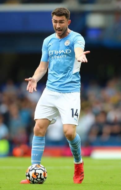 Aymeric Laporte of Manchester City controls the ball during the Premier League match between Chelsea and Manchester City at Stamford Bridge on...