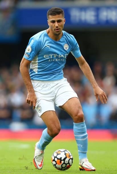 Rodrigo of Manchester City controls the ball during the Premier League match between Chelsea and Manchester City at Stamford Bridge on September 25,...
