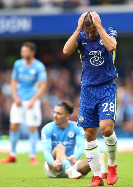Cesar Azpilicueta of Chelsea FC reacts during the Premier League match between Chelsea and Manchester City at Stamford Bridge on September 25, 2021...