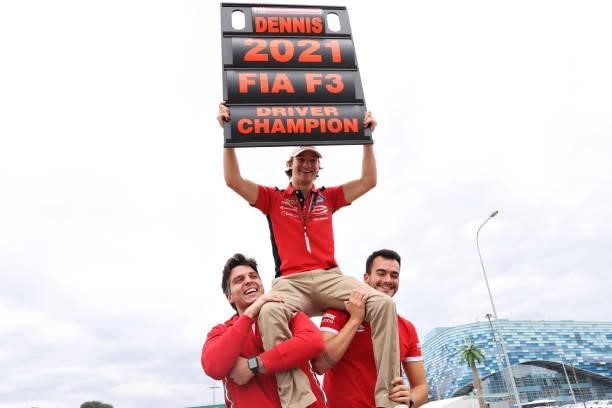 Formula 3 Champion Dennis Hauger of Norway and Prema Racing celebrates with his team after race 3 of Round 7:Sochi of the Formula 3 Championship at...