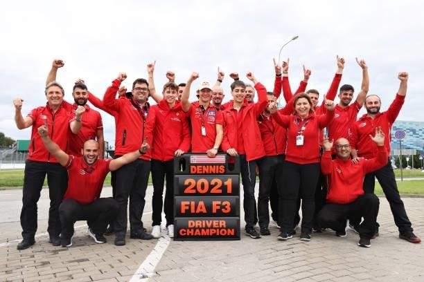 Formula 3 Champion Dennis Hauger of Norway and Prema Racing celebrates with his team after race 3 of Round 7:Sochi of the Formula 3 Championship at...