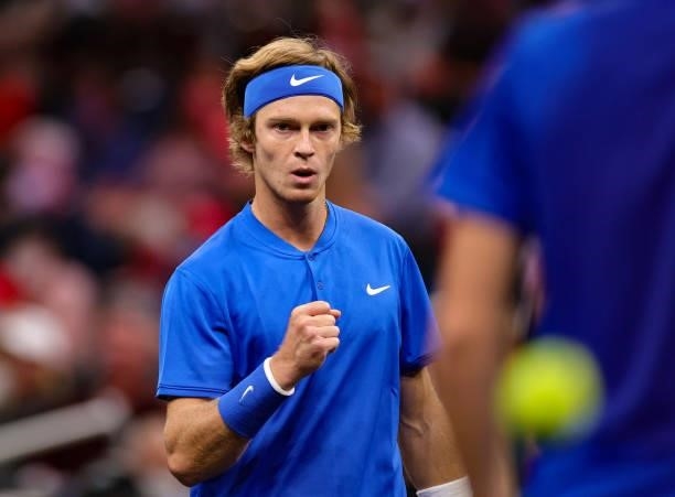 Andrey Rublev of Team Europe reacts to a shot against John Isner and Nick Kyrgios of Team World during the eighth match during Day 2 of the 2021...
