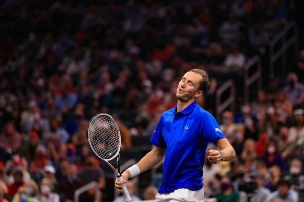 Daniil Medvedev of Team Europe reacts against Denis Shapovalov of Team World during the seventh match during Day 2 of the 2021 Laver Cup at TD Garden...
