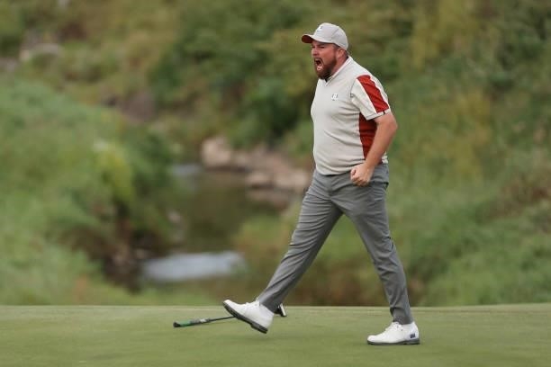 Shane Lowry of Ireland and team Europe reacts on the 18th green during Saturday Afternoon Fourball Matches of the 43rd Ryder Cup at Whistling Straits...