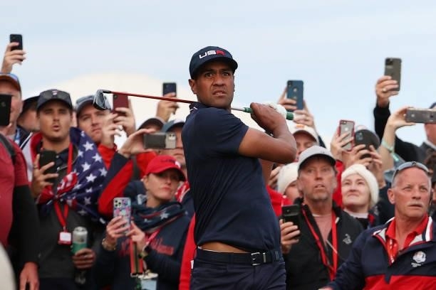 Tony Finau of team United States plays a shot on the 18th hole during Saturday Afternoon Fourball Matches of the 43rd Ryder Cup at Whistling Straits...