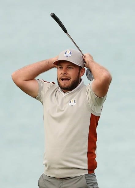 Tyrrell Hatton of England and team Europe reacts to a missed putt on the 17th green during Saturday Afternoon Fourball Matches of the 43rd Ryder Cup...