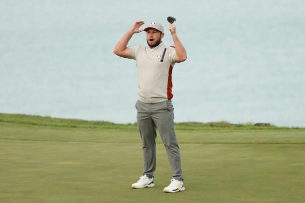 Tyrrell Hatton of England and team Europe reacts to a missed putt on the 17th green during Saturday Afternoon Fourball Matches of the 43rd Ryder Cup...