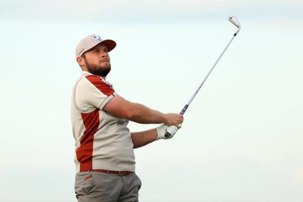 Tyrrell Hatton of England and team Europe plays his shot from the 17th tee during Saturday Afternoon Fourball Matches of the 43rd Ryder Cup at...