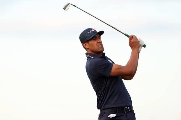 Tony Finau of team United States plays his shot from the 17th tee during Saturday Afternoon Fourball Matches of the 43rd Ryder Cup at Whistling...