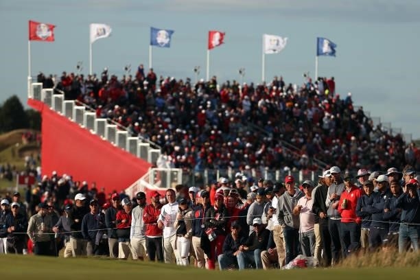 Fans look on over the 15th hole during Saturday Afternoon Fourball Matches of the 43rd Ryder Cup at Whistling Straits on September 25, 2021 in...