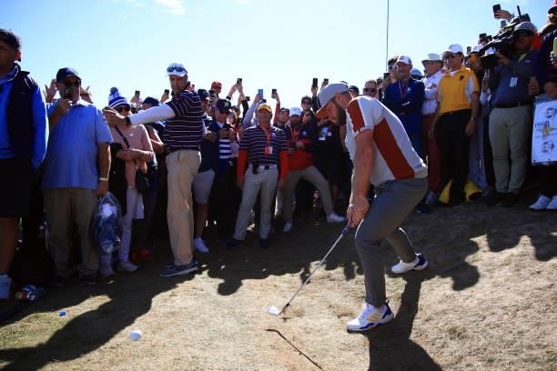 Tyrrell Hatton of England and team Europe plays a shot during Saturday Afternoon Fourball Matches of the 43rd Ryder Cup at Whistling Straits on...