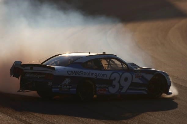 Ryan Sieg, driver of the CMR Construction and Roofing/A-Game Ford, spins after an on-track incident during the NASCAR Xfinity Series Alsco Uniforms...