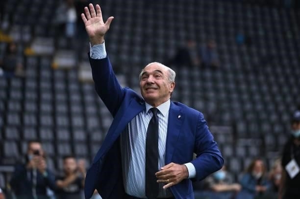 Fiorentina President Rocco Commisso celebrates the victroy during the Serie A match between Udinese Calcio and ACF Fiorentina at Dacia Arena on...