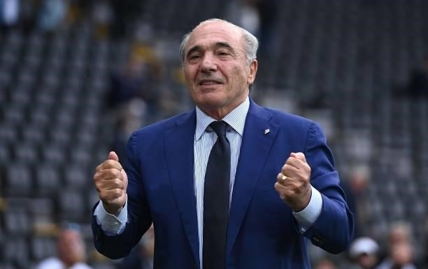 Fiorentina President Rocco Commisso celebrates the victroy during the Serie A match between Udinese Calcio and ACF Fiorentina at Dacia Arena on...