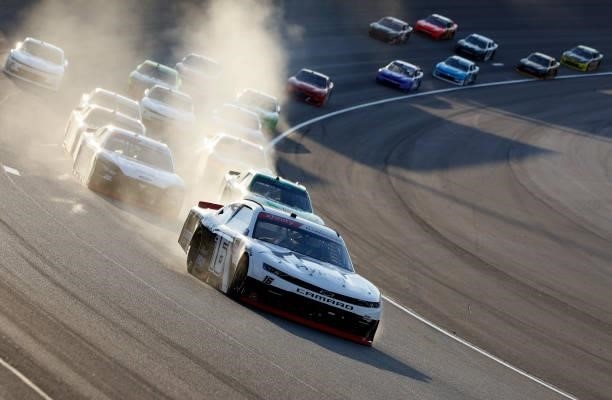 Allmendinger, driver of the Hyperice Chevrolet, leads the field during the NASCAR Xfinity Series Alsco Uniforms 302 at Las Vegas Motor Speedway on...
